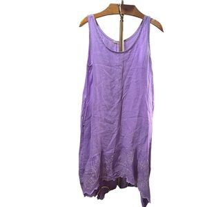 Lingo L’Arno Lavender Purple Sleeveless 100% Linen Midi Dress Eyelet Lace Hem